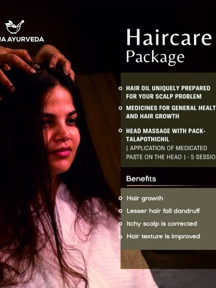 Our comprehensive haircare package includes uniquely prepared hair oil, medicines for hair growth, and a series of head massages with a medicated paste (Talapothichil) to correct scalp issues and improve hair texture.