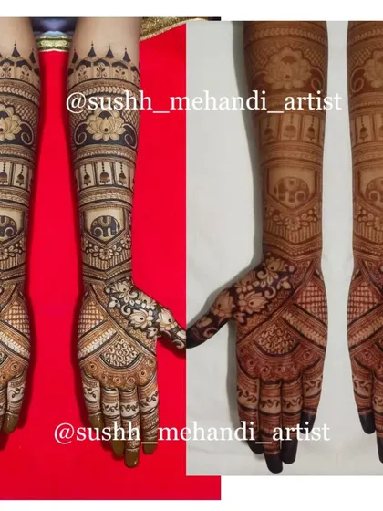 Another comparison of two full bridal designs, showing the variety in my work. Both are intricate and filled with classic Indian wedding motifs.