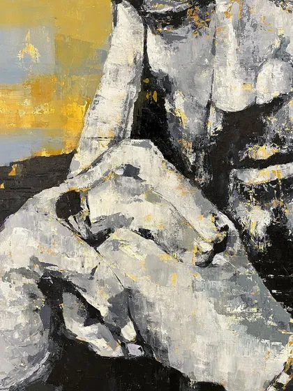 Titled 'Plato’s Discourse', this 5x4 feet portrait captures a moment of deep thought. The monochromatic palette with hints of gold leaf adds a classic, philosophical weight to the piece, inviting quiet contemplation.