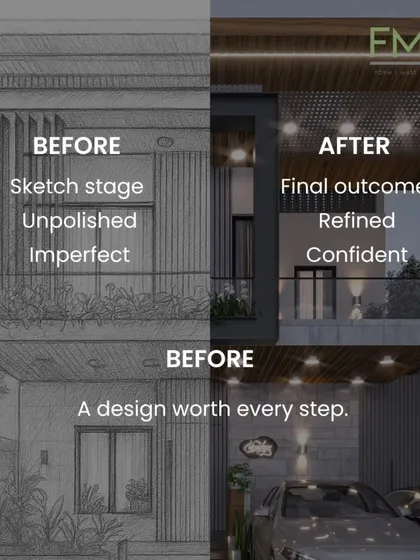 Our design process is a journey from an unpolished sketch to a confident, refined outcome. This image shows the evolution of a facade design, highlighting the careful steps we take to ensure every project is worth the process.