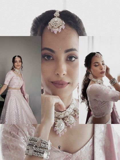 A multi-panel image showcasing the bride's stunning engagement look, from her intricate jewelry to her graceful poses.