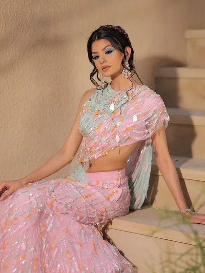 The complete look, seated, showcasing the playful and colorful theme.