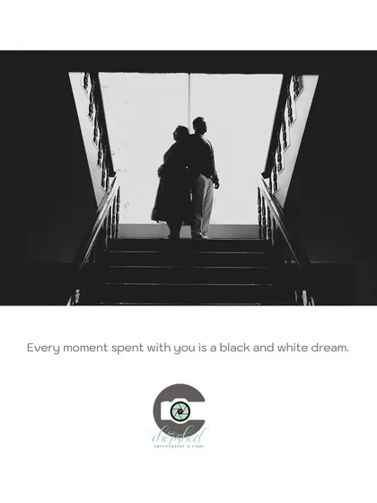 A powerful black and white silhouette of the couple on a staircase, creating a timeless and artistic image.