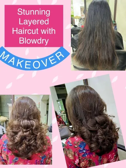 A stunning layered haircut finished with a professional blowdry. This look shows how proper styling can accentuate the layers and create beautiful, flowing curls.