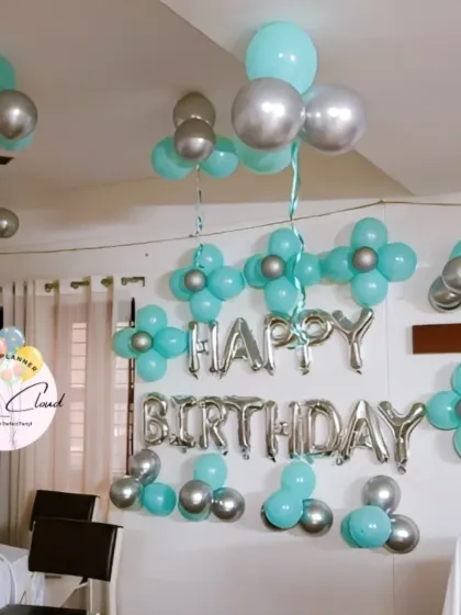 A 'Happy Birthday' wall decoration with silver foil letters and balloon flowers in turquoise and silver.