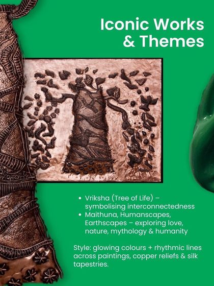 A look at the iconic works and themes of S.G. Vasudev, from the 'Vriksha' (Tree of Life) to his 'Humanscapes,' all rendered with glowing colors and rhythmic lines.