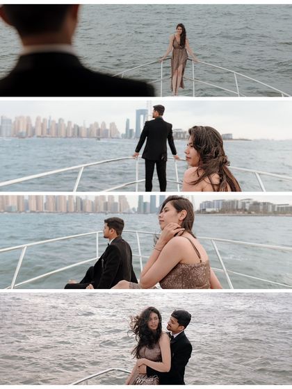 A cinematic collage of the couple on the yacht, with the Dubai skyline as a stunning backdrop, telling a story of luxury and romance.