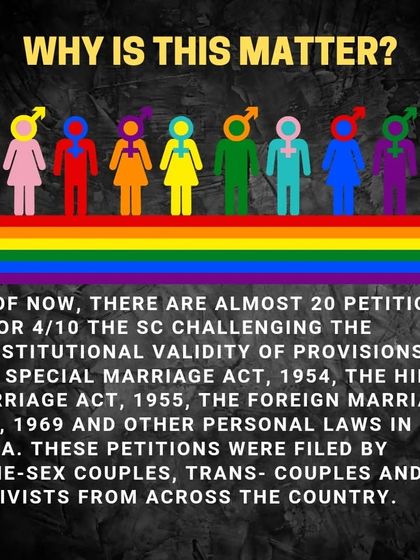 This infographic explains why the legal recognition of same-sex marriage matters. It details the numerous petitions filed before the Supreme Court challenging various marriage acts on behalf of same-sex couples, trans couples, and activists.