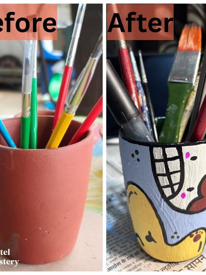 A fantastic before-and-after. A plain terracotta cup is transformed into a colorful, doodle-style pen holder, showing the creative potential of our painting workshop.