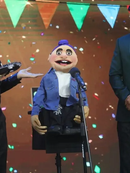 On stage at the "Ardhavatrao 100 Not Out" event, which was telecast on Zee Marathi. Here I am with my remote-controlled puppet, Chhotu Singh.