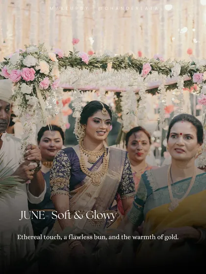 A Soft and Glowy bridal look. This style has an ethereal touch, with a flawless bun and the warmth of gold jewellery.