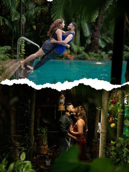 A collage of two dramatic shots, one by the pool and one in a rustic, moody setting. Both use creative lighting to create a bold and cinematic look.