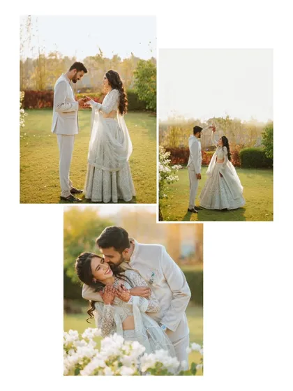 A collage from an outdoor garden engagement, showing the tender moment of the ring exchange and the happy, relaxed portraits that follow. The natural light here adds a soft, romantic feel.