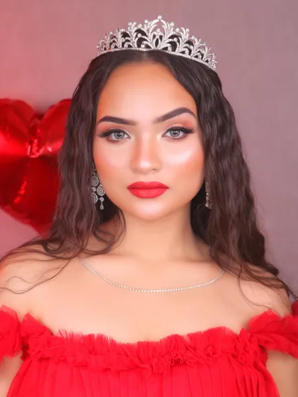 Another shot of the Valentine's look, with heart-shaped balloons in the background adding to the romantic theme.