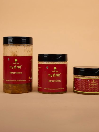 Three different sizes of Mango Chutney jars lined up, helping customers choose the right size for their needs.