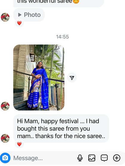 "Thanks for the nice saree." A happy festival message from a client who bought this beautiful blue digital print saree.