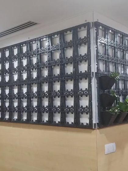 Another view of the grid system used for my green walls. This structure is lightweight and strong, and it can be mounted on almost any surface.