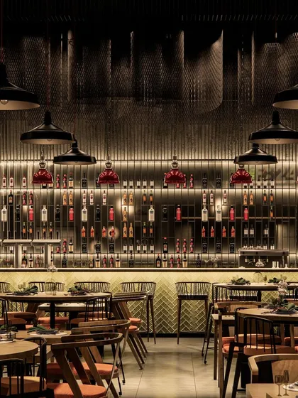 Our design process begins with a strong vision, which we communicate through detailed 3D visualizations. This concept render for the Pincode 24 bar shows our initial plan for the lighting, material palette, and overall ambiance, demonstrating how closely we align the final build with the original concept.