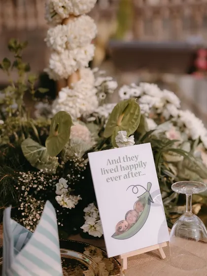 More examples of our personalized table placards, featuring the couple's pets and funny memes that tell their unique love story.