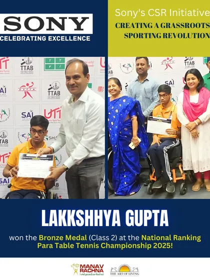 Lakkshhya Gupta receiving his certificate and medal at the National Ranking Para TT Championship. This victory is a result of a four-year journey with our Sony CSR program.