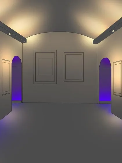 In this alternate concept for the same art gallery, I explored using purple light. The ability to change the color in the archways allows the gallery to completely transform its atmosphere to suit different exhibitions or events, showcasing the versatility of a well-planned lighting system.