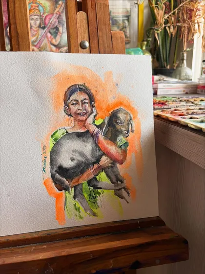 A quick watercolor portrait study of a girl holding a lamb. I used a vibrant orange background to make the tender moment between the two subjects pop.