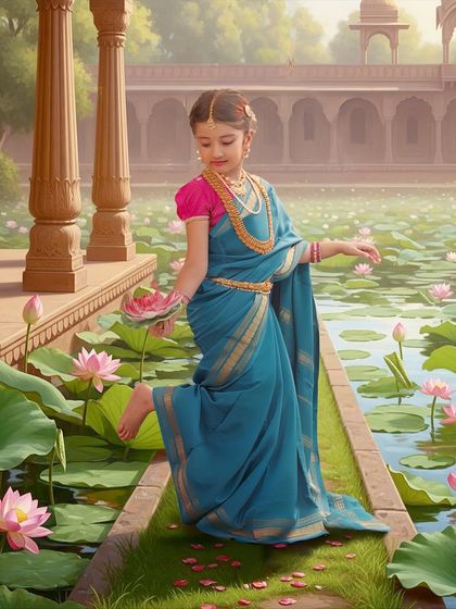 A fine art portrait of the girl in a blue saree, set in a painterly scene of a temple pond with lotus flowers.