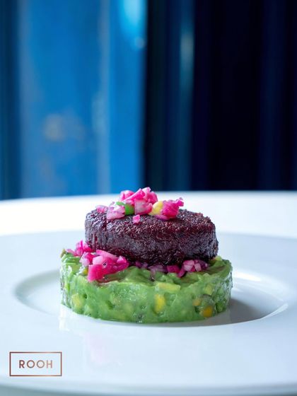 The finished Beetroot Murabba Kebab on a bed of avocado and corn salsa. The colours are as vibrant as the flavours, with the earthy beetroot balanced by the fresh, creamy salsa.