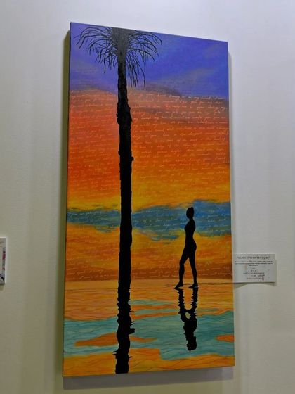 A silhouette of a woman against a sunset, a striking and evocative piece from Sinal Bajaj's collection.