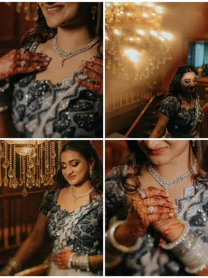 This collage captures the beautiful details of the bride's Sangeet look, from her intricate diamond necklace to her henna-adorned hands. It tells the story of her preparation and excitement for the evening.