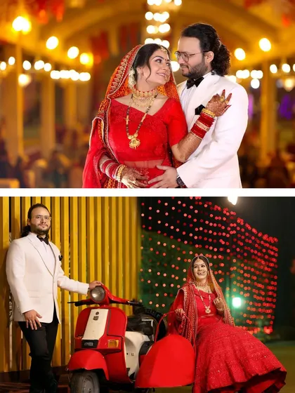 A fun and stylish wedding collage featuring the couple with a vintage red scooter. This shows how we can incorporate unique props to add personality to your wedding photos.