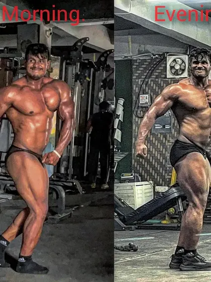 Morning vs. Evening. This transformation picture shows the difference in conditioning and fullness in a single day, a result of precise diet and training.