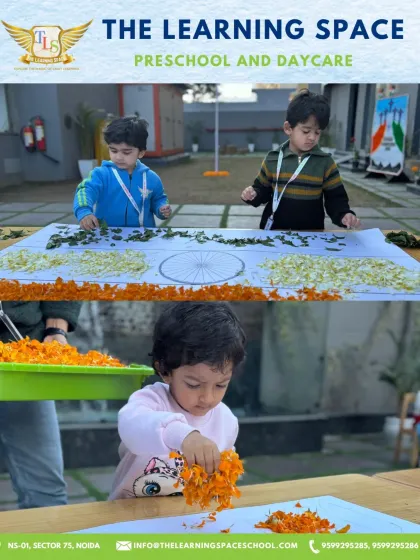 Children creating a large tricolor flag with flower petals. This collaborative art project is a beautiful, sensory-rich way to celebrate Republic Day.