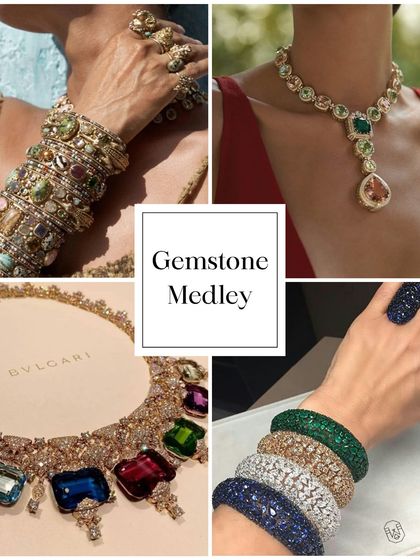 A gemstone medley is a huge trend in Indian jewelry. I love sourcing inspiration from mood boards like this, which show how to stack colorful bangles and pair multi-gem necklaces for a bold look.