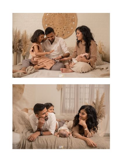 A cozy and intimate session for a new family of four. The warm, neutral tones of the setting and their clothing create a peaceful atmosphere, highlighting their loving interactions on the bed.