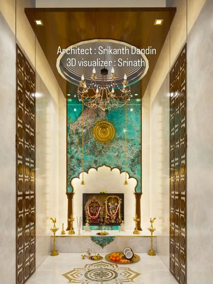 A third variation of the modern pooja room, this time with a large central brass disc and simpler decor for a more minimalist spiritual space.