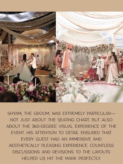 A collage showing the groom's vision for a 360-degree aesthetic experience. His attention to detail pushed us to perfect the layouts through countless revisions, ensuring every guest had an immersive view.