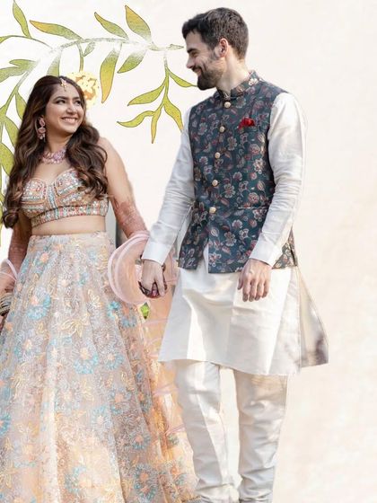A beautiful couple enjoying a quiet moment together during their Mehendi ceremony. Their pastel outfits and the soft decor create a dreamy, romantic vibe.