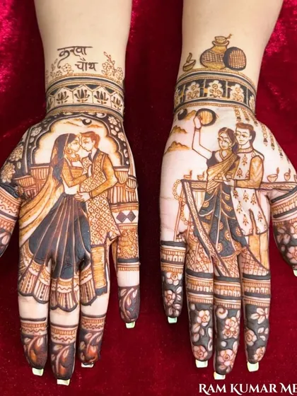 This Karwa Chauth special design tells the full story, with a couple's portrait on one hand and the iconic moon-sighting ritual on the other.