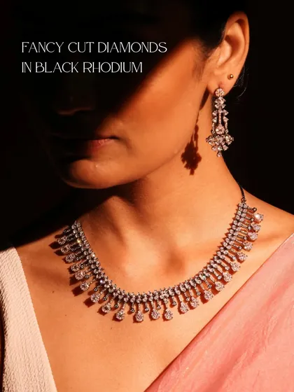 To show that diamonds can be both classic and modern, I designed this set using fancy cut diamonds set in bold black rhodium. It’s a contemporary take on bridal jewellery, designed for the woman who wants to stand apart.