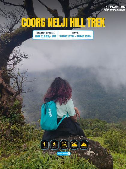A trekker sits on a rock overlooking the misty hills of the Coorg Nelji Hill trek.