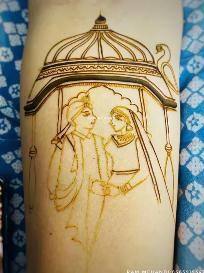 The line drawing for a couple's portrait inside a doli. This initial sketch captures the pose and composition of the scene.