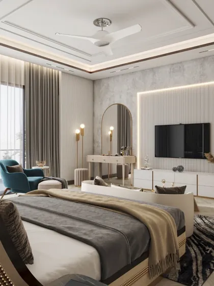 A master bedroom featuring a striking book-matched marble headboard and an integrated walk-in closet. The renders highlight the seamless design and luxurious material choices.
