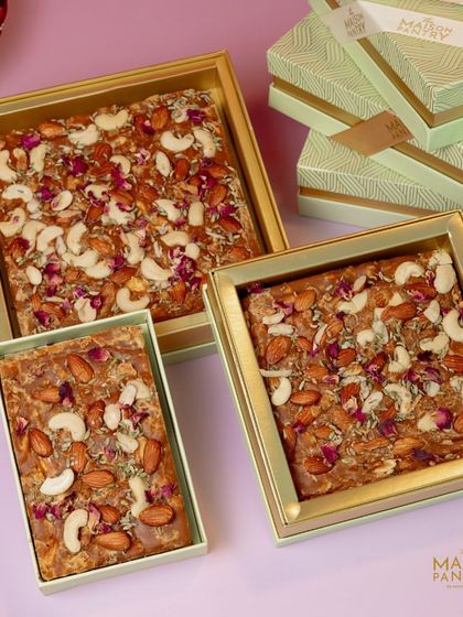 My signature mithai, like this Anjeer & Almond square, is made with pure ingredients and a lot of love. Available in various sizes, these boxes are perfect for sharing during festivals or as a sweet gesture.