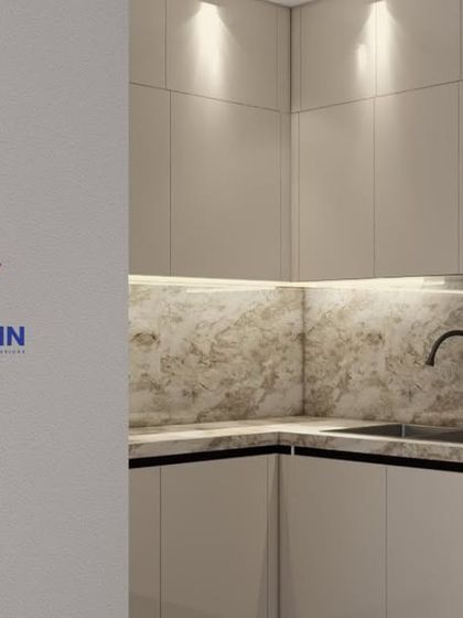 A close-up render of an L-shaped kitchen corner, showing how under-cabinet lighting can highlight the work surface and beautiful marble-patterned backsplash.