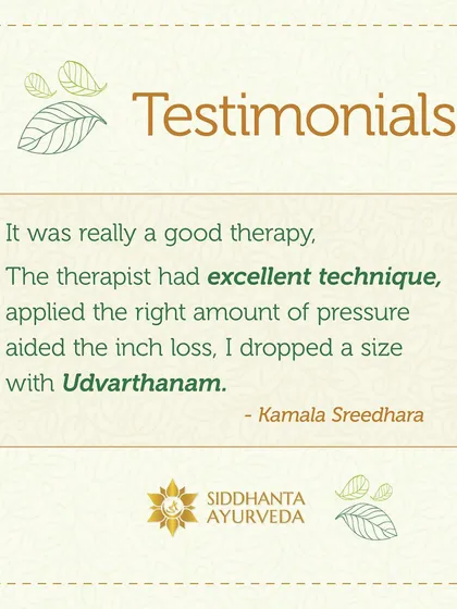 This is a wonderful note from a patient who experienced tangible results with Udvarthanam therapy. This treatment not only aids in inch loss by improving metabolism but also leaves you feeling rejuvenated. It is a core part of my natural body toning therapies.