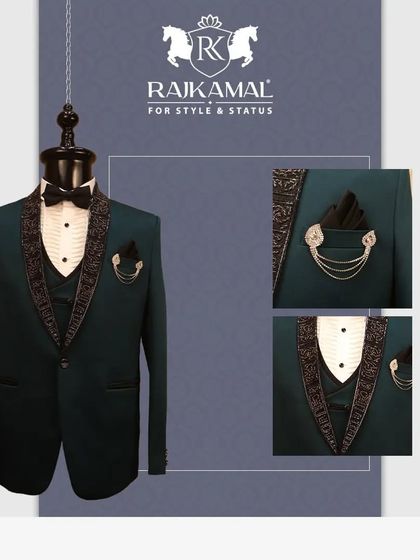 A detailed collage of the green tuxedo, showing close-ups of the embellished lapel and the pocket square with a chain accessory, highlighting the fine details.