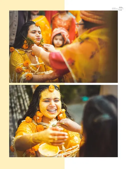A collage showing the bride's Haldi ceremony. From the application of turmeric by family to her infectious laughter, these photos capture the joy and tradition of the ritual.