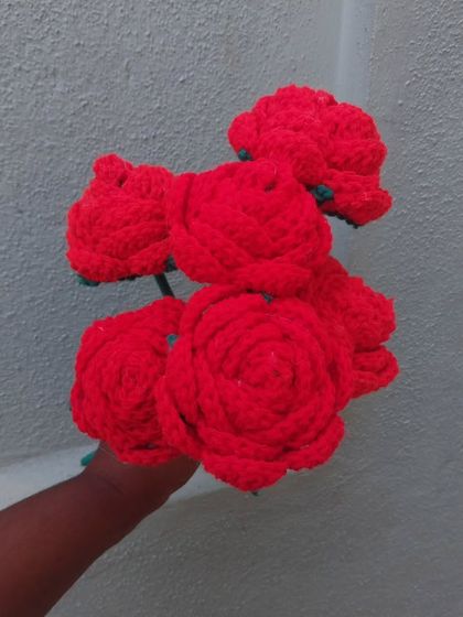 A bouquet of six unwrapped red roses, showing their full shape.