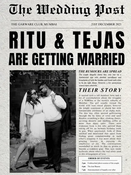 The front page of 'The Wedding Post' for Ritu and Tejas, telling their love story in a creative newspaper format.